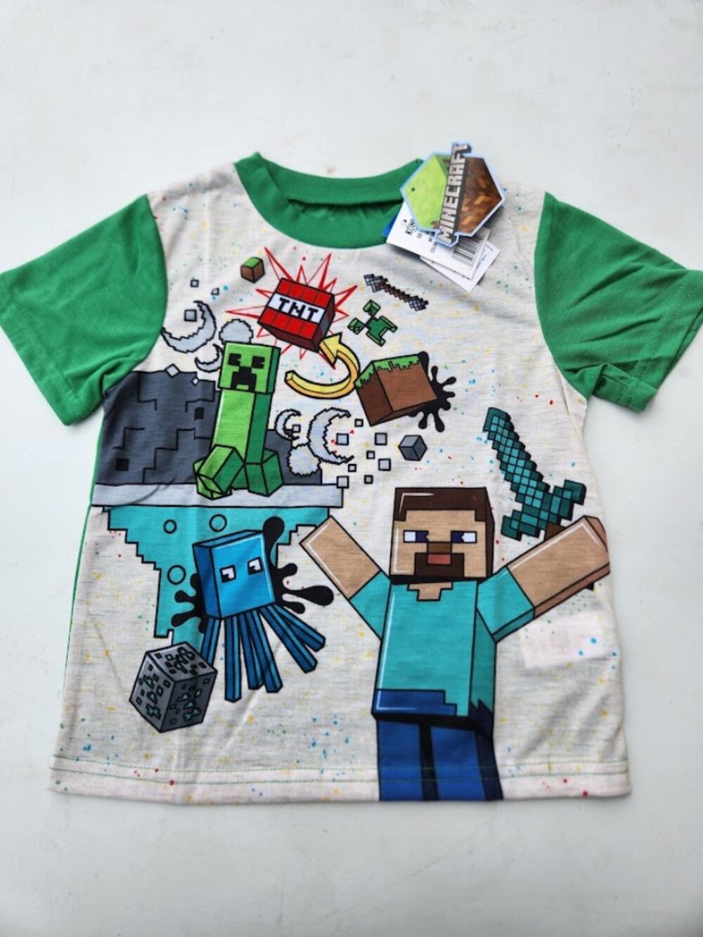 New Minecraft Creeper PJ Shirt Sleepwear Pajamas Size 6 Graphic Tee T-Shirt Gre